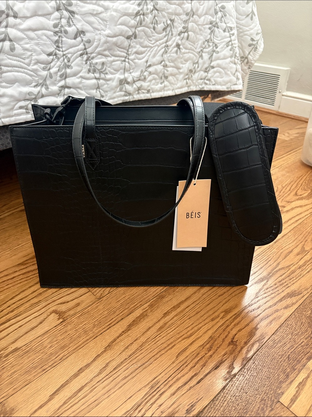 BEIS Black Croc-Embossed Tote with Padded Strap - Picture 2 of 10
